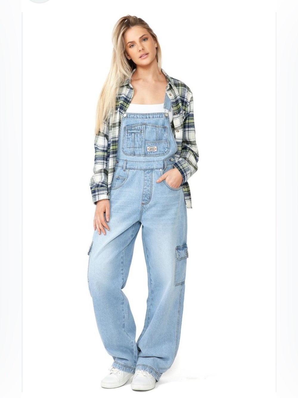 Lana Roux Light Wash Denim Cargo Overalls for Women - Relaxed Fit